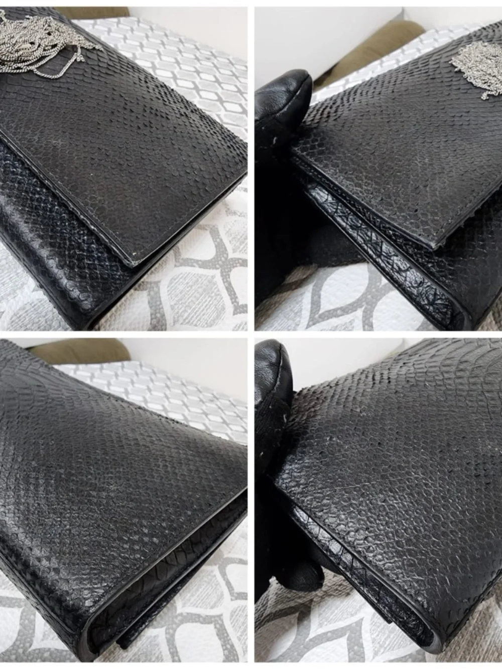 Authentic YVES SAINT LAURENT Croc Embossed Leather Tassel Kate Clutch Bag Black - Picture 9 of 11